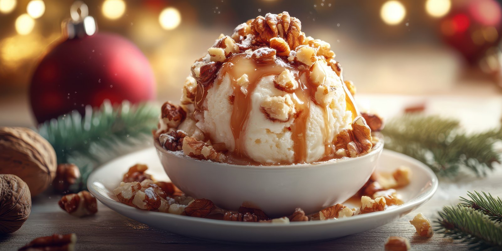 Delicious dessert featuring ice cream topped with caramel and nuts, perfect for holiday celebrations
